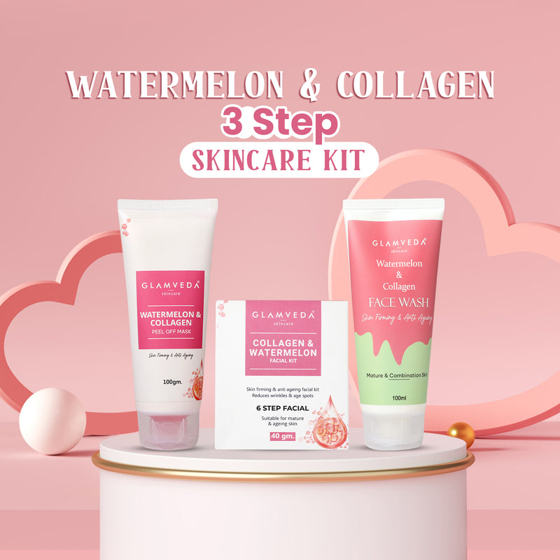 Glamveda Watermelon & Collagen Anti Ageing Combo Gift Pack | Reduces signs of ageing | Face Wash, Facial Kit & Peel Off Mask