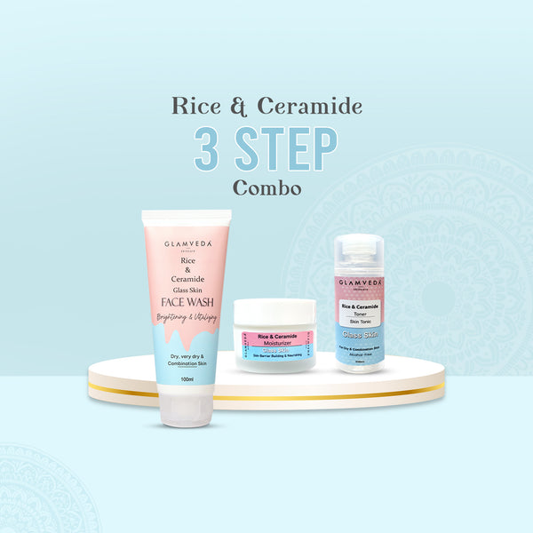 Glamveda Korean Glass Skin Rice & Ceramide 3 Step Combo | Face Wash, Toner & Moisturizer