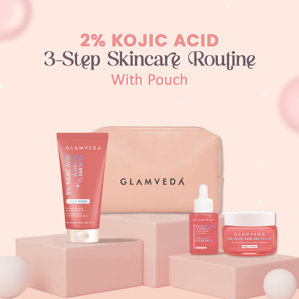 2% Kojic Acid 3 Step Skincare Routine With Pouch– Face wash, Serum & Cream for Dark Spot Reduction