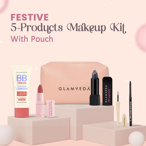 5-Products Makeup Kit – Smudge‑Proof Kajal, Gel Eyeliner, Colour‑Changing & Nude Lipsticks, BB Cream SPF 50 & Pouch