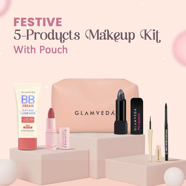 5-Products Makeup Kit – Smudge‑Proof Kajal, Gel Eyeliner, Colour‑Changing & Nude Lipsticks, BB Cream SPF 50(Dark) & Pouch