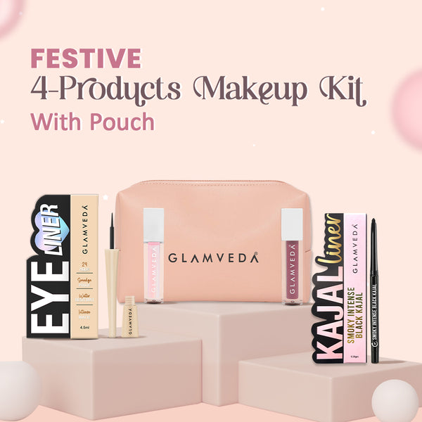 4-Products Makeup Kit- Kajal & Eyeliner (Black), Lip Gloss & Liquid Lipstick & Travel Pouch