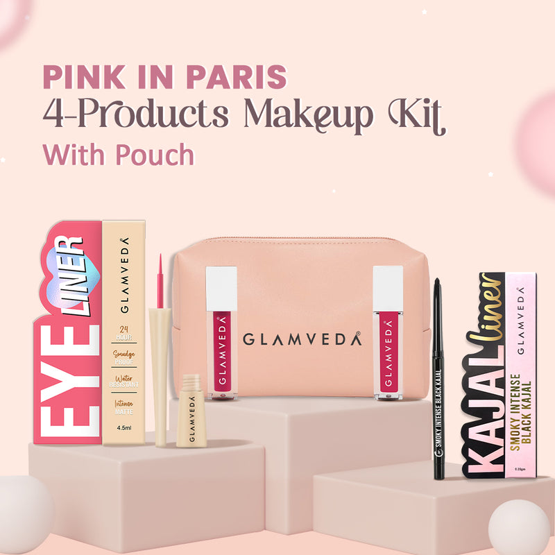Pink in Paris Beauty Gift Set – Black Kajal, Pink Eyeliner, Pink Lip Gloss & Liquid Lipstick with Travel  Pouch