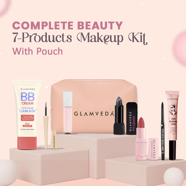 All‑in‑One Kit – Dark Edition Makeup & Hair Essentials: Kajal, Eyeliner, BB Cream, pH Lipstick, Lip Gloss, Bullet Lipstick, Hair Finishing Stick & Pouch