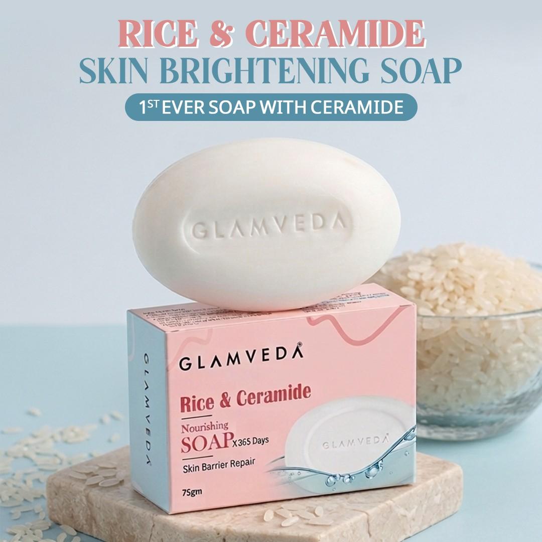 Glamveda Rice & Ceramide Skin Brightening Soap with Hyaluronic acid | Deeply Nourishes & Moisturised | 75gm