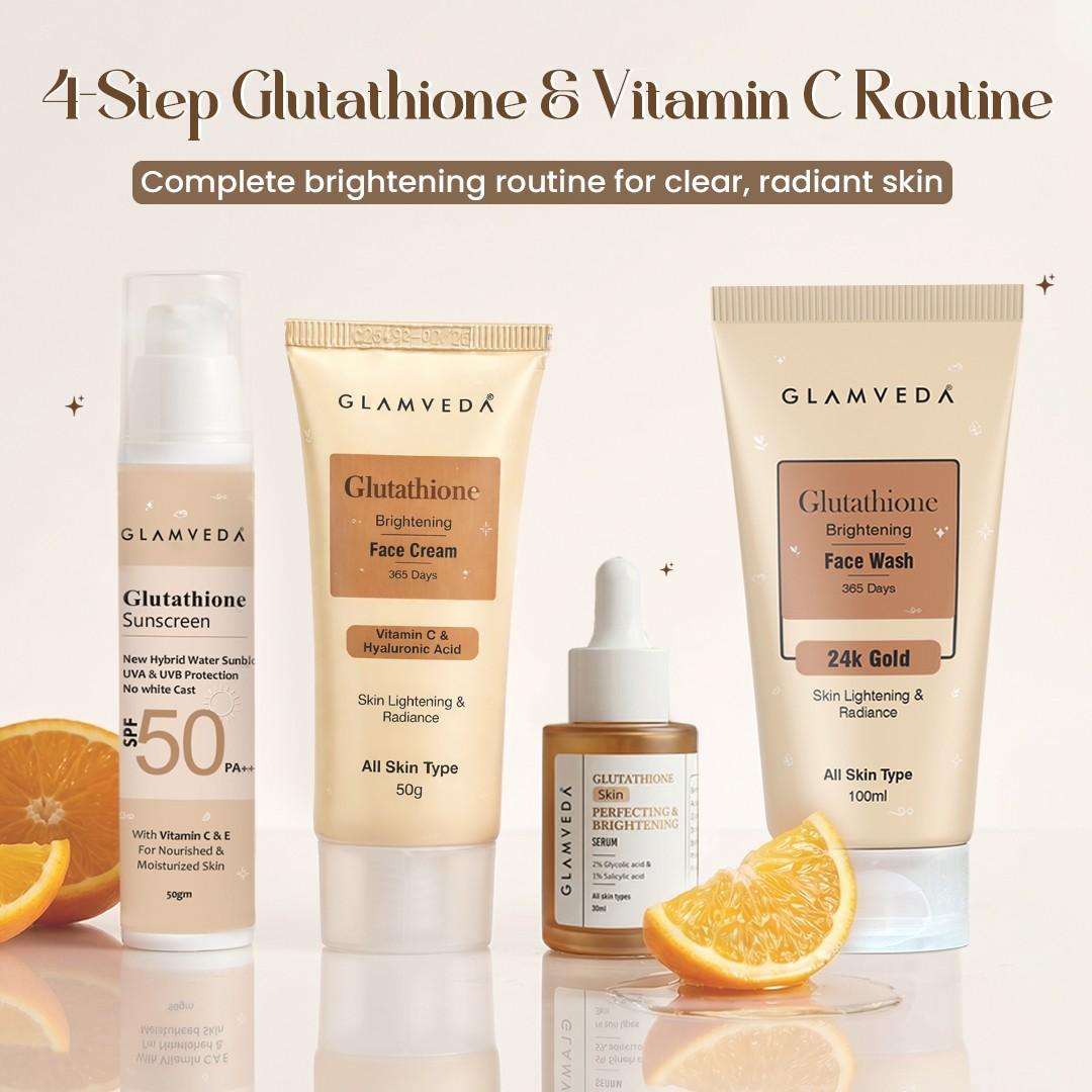 Glutathione 4-Step Skincare Routine For Healthy & Radiant Skin | Skin Brightening and Lightening Combo ( Face Wash + Face Cream + Face Serum + Sunscreen )