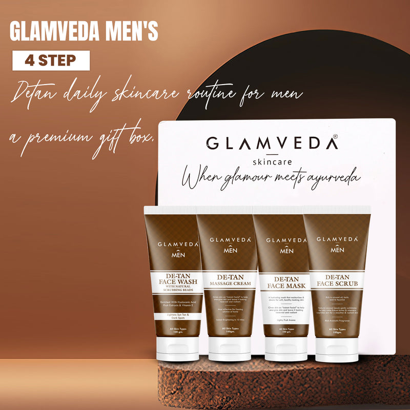 Glamveda Men's Detan 4-step Daily Skincare Routine for men a Premium Gift Box | Face wash, Face mask, Face scrub, Face massage cream