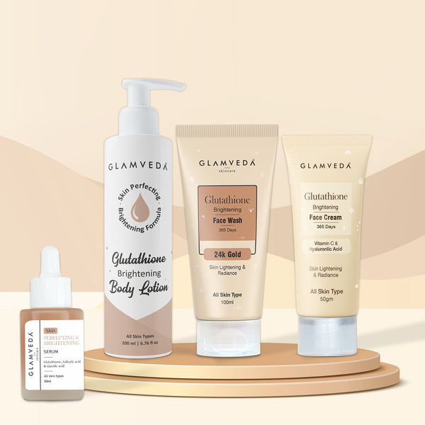 Glamveda Glutathione Skin Perfecting Brightening & Dark Spots Removal 4 Steps Skincare Routine ( Face Wash + Face Cream + Face Serum + Body Lotion )
