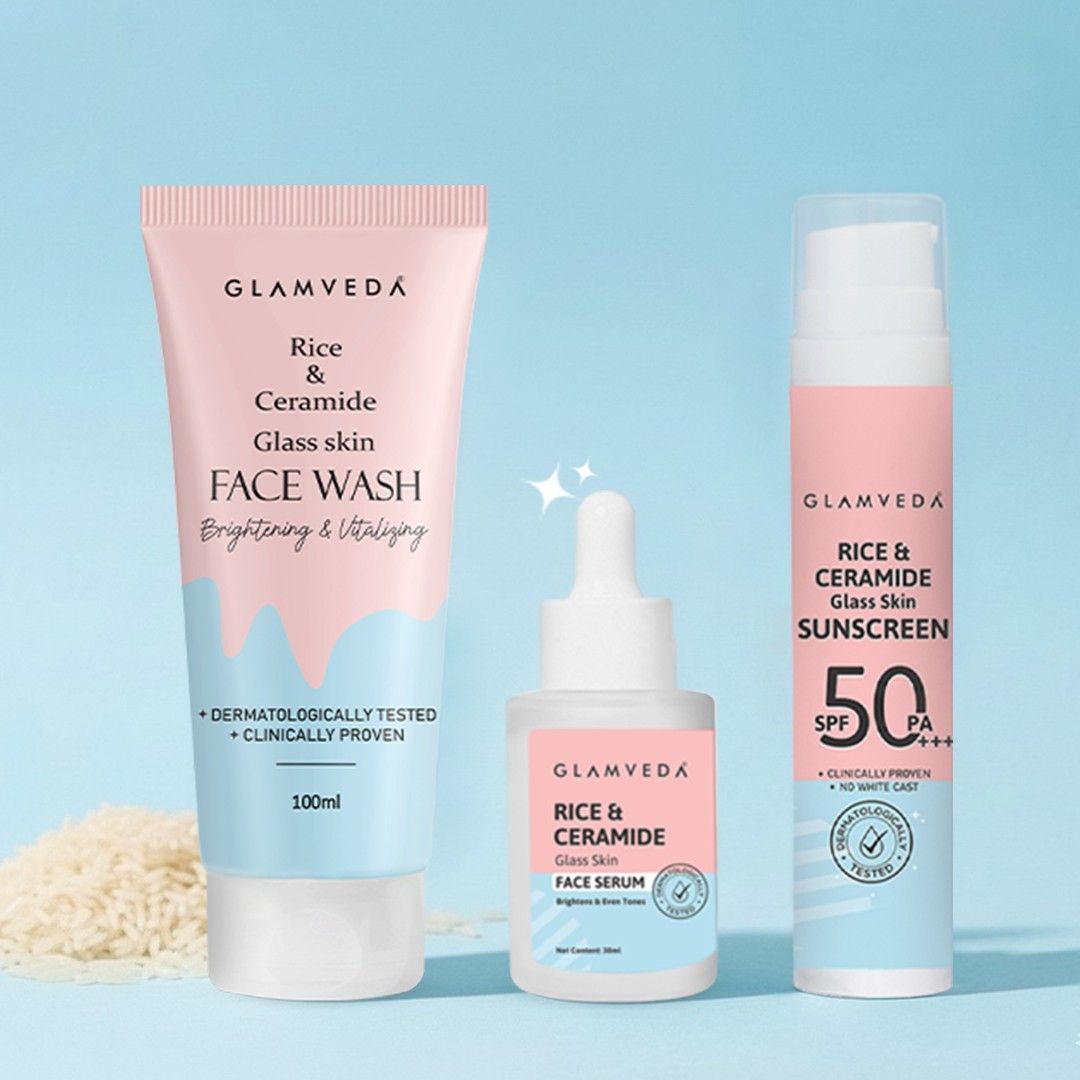 Glamveda Korean Glass Skin Rice & Ceramide 3 Step Combo | Face Wash, Serum & Sunscreen