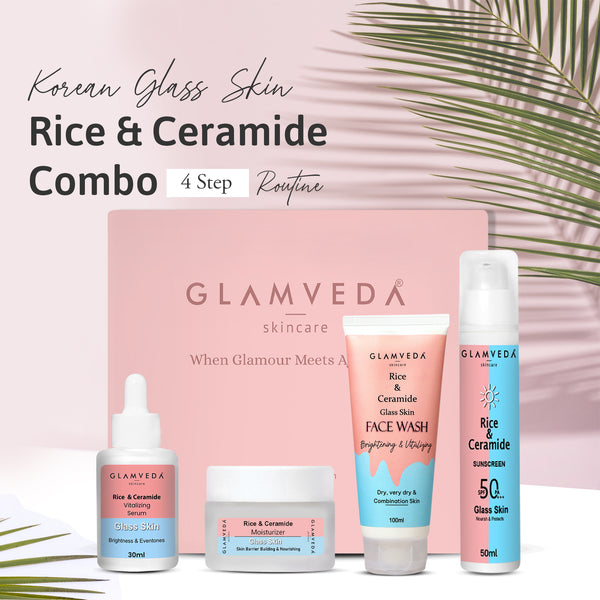 Glamveda Korean Glass Skin Rice & Ceramide Morning 4 Step Gift Box | Face Wash, Serum, Moisturizer & Sunscreen