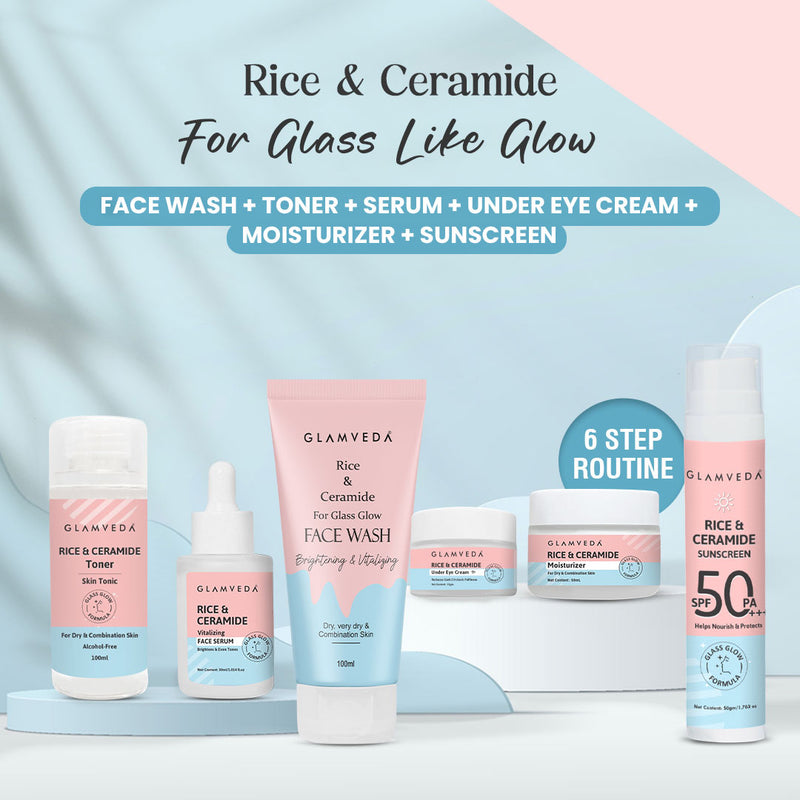 Glamveda Korean Glass Skin Rice & Ceramide 6 Step Gift Box | Face wash, Toner, Serum, Under eye cream, Moisturizer & Sunscreen