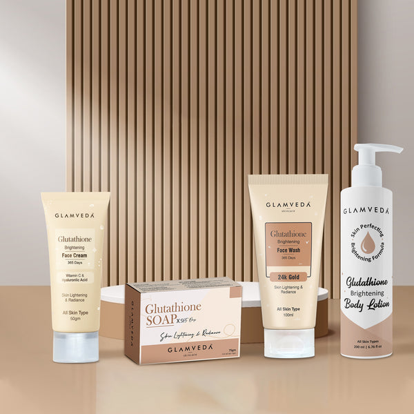 Glamveda Glutathione Bath & Body Skincare Routine Combo |  Set of 4 Kit | For Skin Brightening and Lightening | ( Face Wash + Face Cream + Body Lotion + Soap )