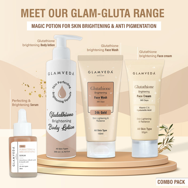 Glamveda Glutathione Skin Perfecting Brightening & Dark Spots Removal 4 Steps Skincare Routine ( Face Wash + Face Cream + Face Serum + Body Lotion )