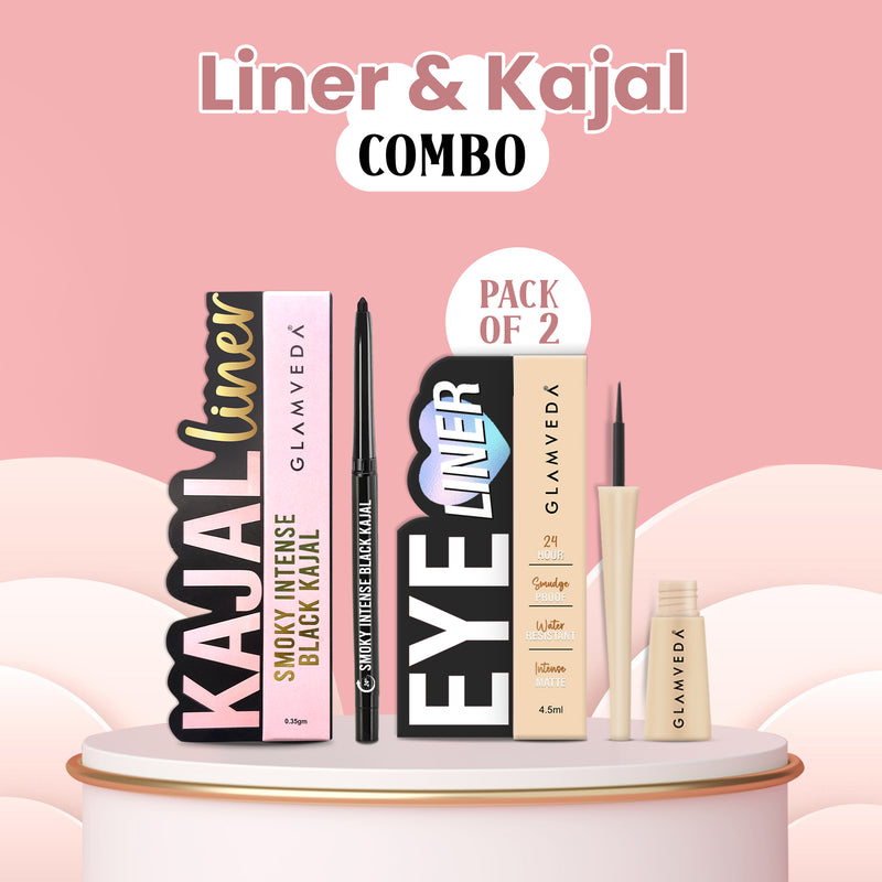 Glamveda Smudge-Proof Black Kajal & Eyeliner Combo | Intense Pigment | Waterproof & Long-Lasting | Perfect for Everyday & Party Looks