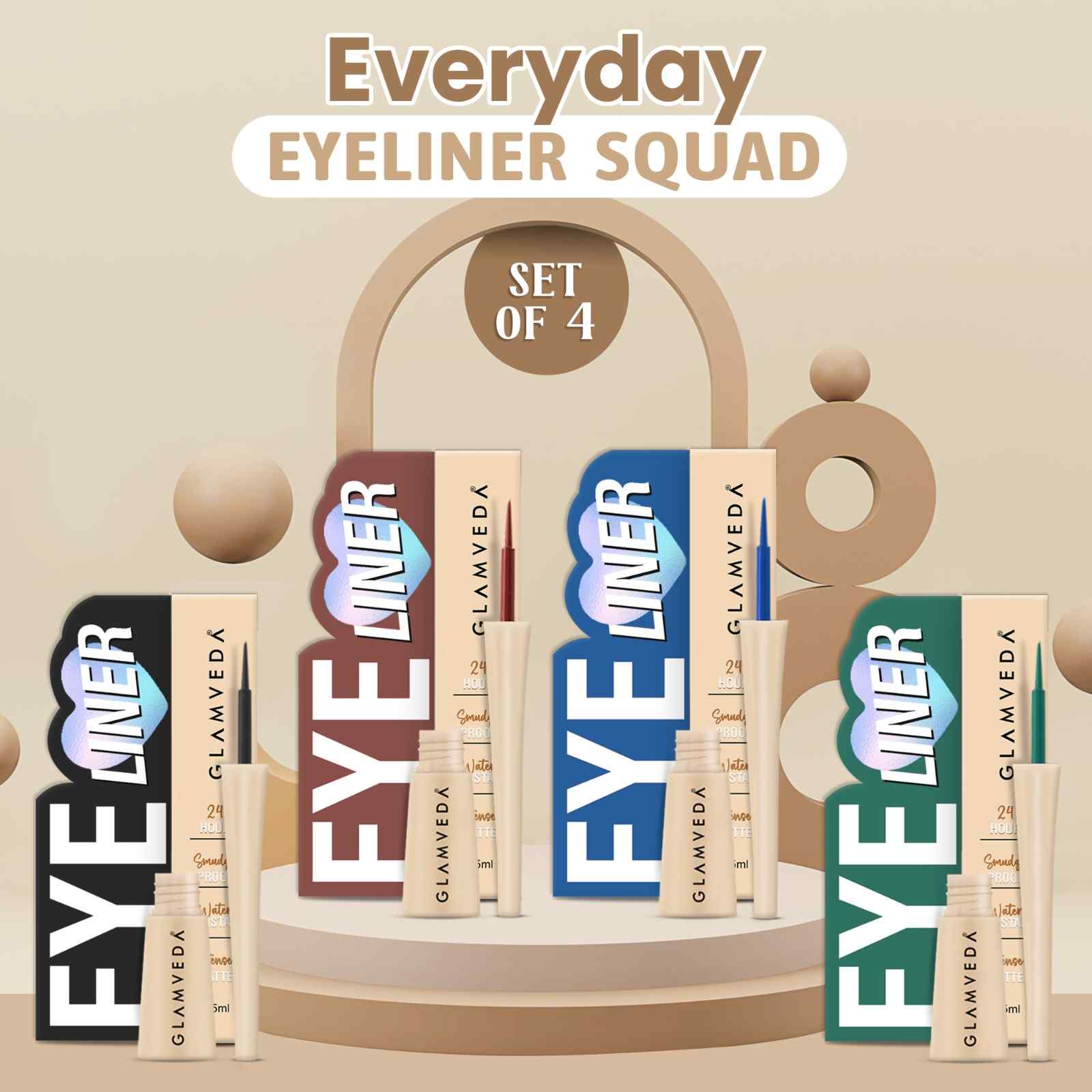Glamveda Everyday Eyeliner Set – Smudge-Proof, 4 Iconic Shades for All-Day Glam | Waterproof & Long-Lasting
