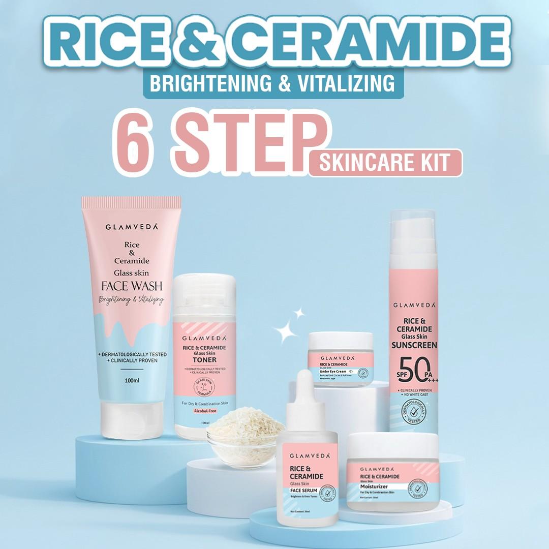 Glamveda Korean Glass Skin Rice & Ceramide 6 Step Gift Box | Face wash, Toner, Serum, Under eye cream, Moisturizer & Sunscreen