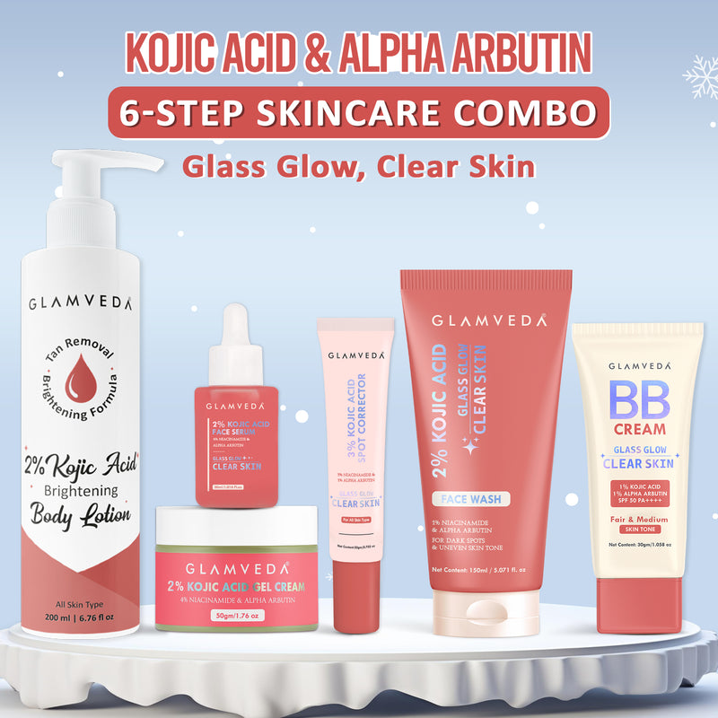 2% Kojic Acid 6-Step Skincare Routine-  Facewash, Spot Corrector, Serum, BB Cream(Fair &Medium), Cream & Lotion