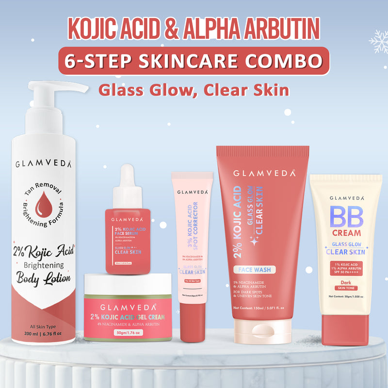 2% Kojic Acid 6-Step Skincare Routine-  Facewash, Spot Corrector, Serum, BB Cream(Dark), Cream & Lotion