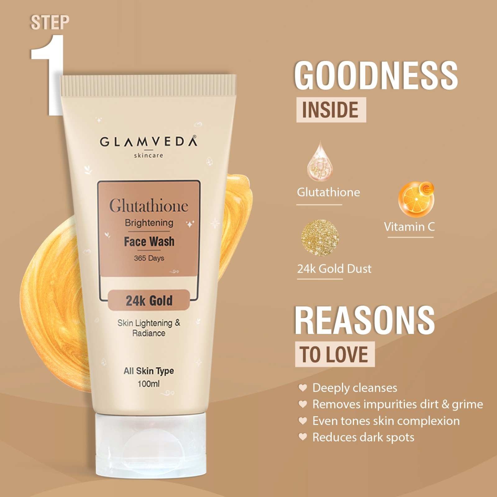 Glutathione Skin Perfecting Brightening & Dark Spots Removal 4 Steps Skincare Routine ( Face Wash + Face Cream + Face Serum + Body Lotion )