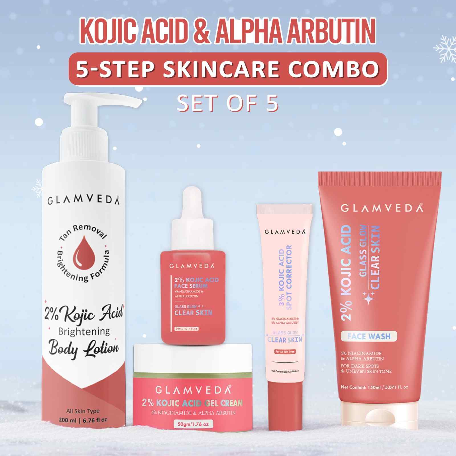 2% Kojic Acid 5-Step Skincare Set – Facewash, Spot Corrector, Serum, Cream & Lotion