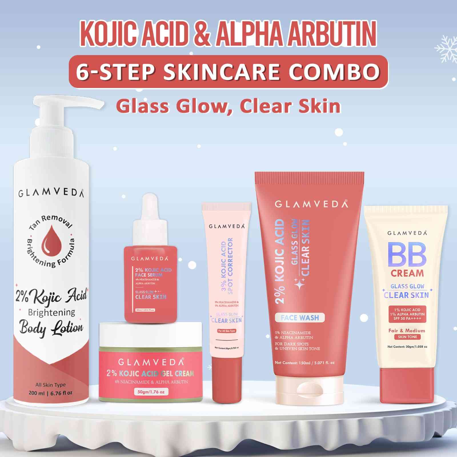 2% Kojic Acid 6-Step Skincare Routine-  Facewash, Spot Corrector, Serum, BB Cream(Fair &Medium), Cream & Lotion