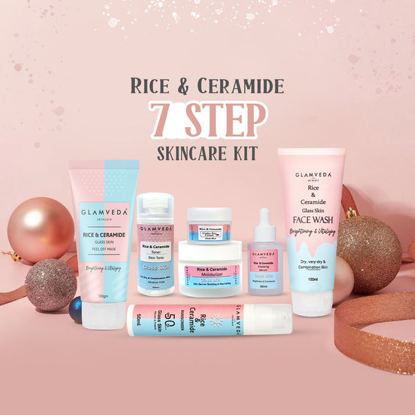 Glamveda Korean Glass Skin Rice & Ceramide 7 Step Gift Box | Face wash, Peel Off Mask, Toner, Serum, Under eye cream, Moisturizer & Sunscreen