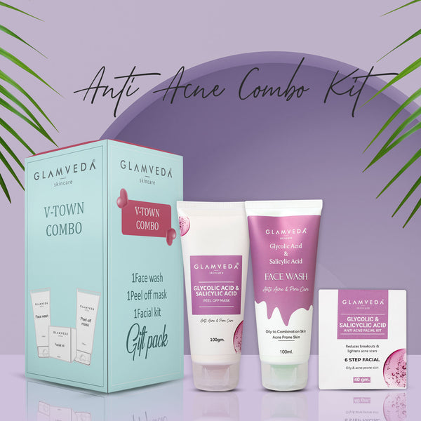Glamveda Glycolic & Salicylic Acid Anti Acne Combo Gift Pack | For Oily & Acne Prone Skin | Face Wash, Facial Kit & Peel Off Mask