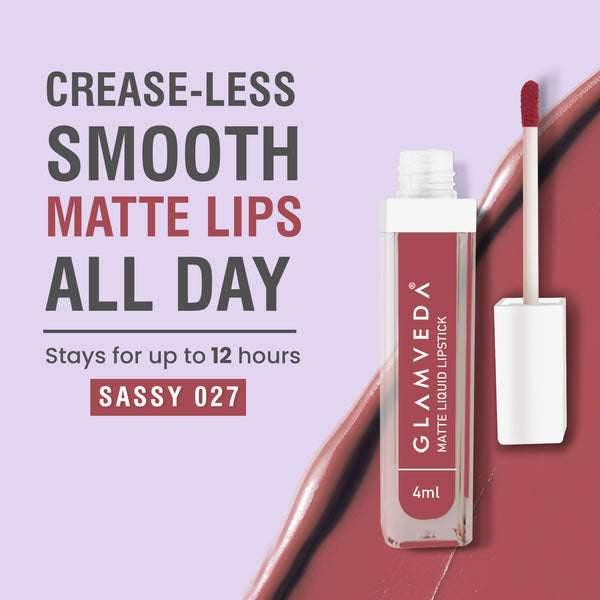 Glamveda Matte Liquid Lipstick, 12Hr Stay, Lightweight & Transferproof, (Sassy - 027) 4ml