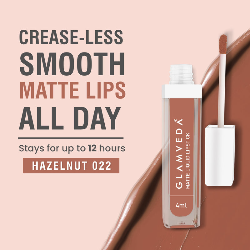 Glamveda Matte Liquid Lipstick, 12Hr Stay, Lightweight & Transferproof, (Hazelnut - 022) 4ml