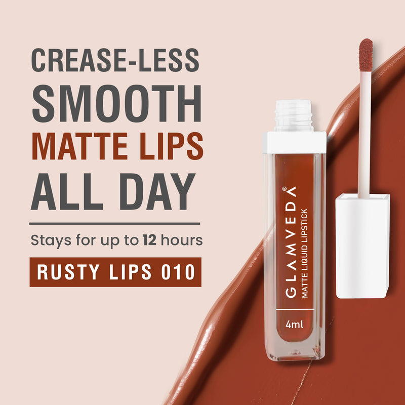 Glamveda Matte Liquid Lipstick, 12Hr Stay, Lightweight & Transferproof, (Rusty Lips - 010) 4ml