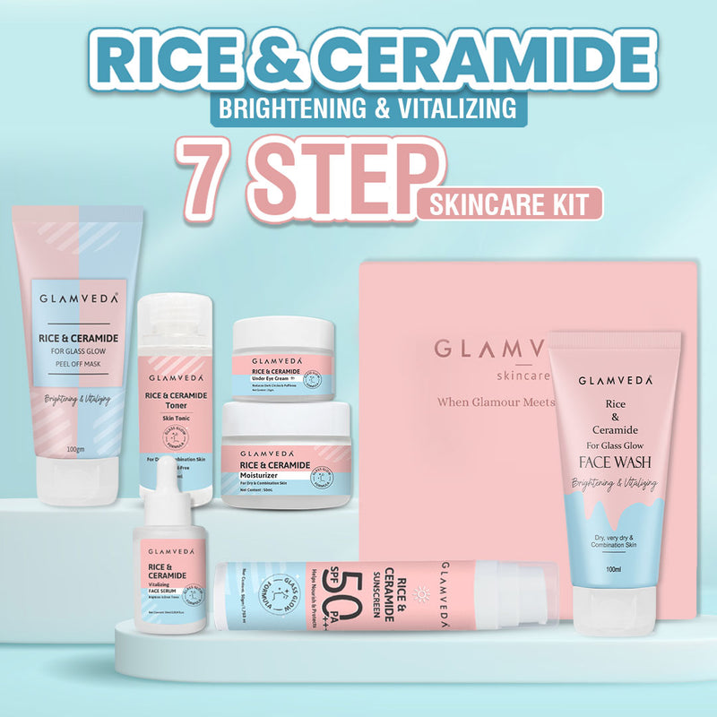 Glamveda Korean Glass Skin Rice & Ceramide 7 Step Gift Box | Face wash, Peel Off Mask, Toner, Serum, Under eye cream, Moisturizer & Sunscreen