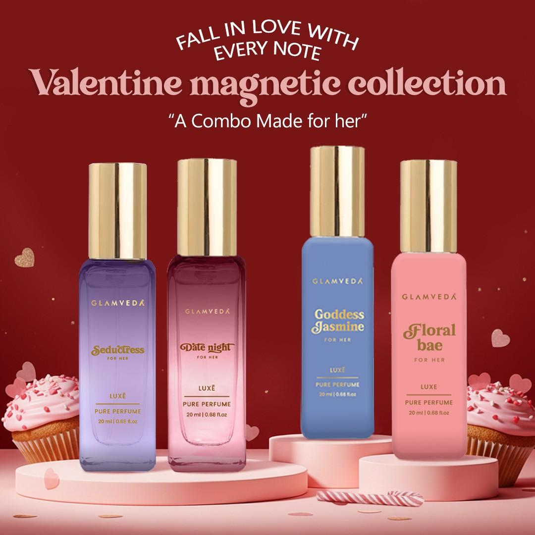 Glamveda Valentine Magnetic Perfume Gift Set for Her | Luxe Pure Perfume Collection | Seductress, Date Night, Floral Bae & Goddess Jasmine