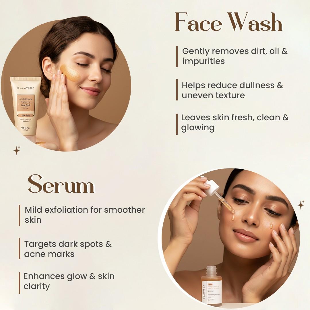 Glutathione Skin Perfecting Brightening & Dark Spots Removal 3 Steps Skincare Routine ( Face Wash + Face Cream + Face Serum )