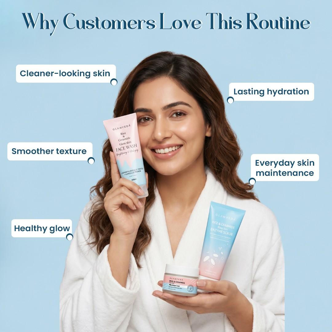 Rice & Ceramide Glass Skin Essentials | Face Wash + Enzyme Scrub + Moisturizer Combo | Korean Skincare Routine | 250ml