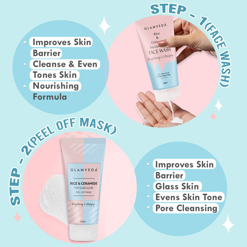 Glamveda Korean Glass Skin Rice & Ceramide 7 Step Gift Box | Face wash, Peel Off Mask, Toner, Serum, Under eye cream, Moisturizer & Sunscreen