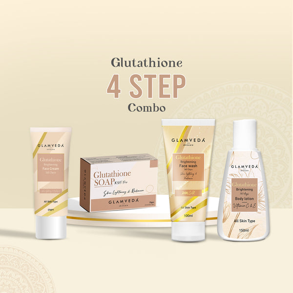 Glamveda Glutathione Bath & Body Skincare Routine Combo |  Set of 4 Kit | For Skin Brightening and Lightening | ( Face Wash + Face Cream + Body Lotion + Soap )