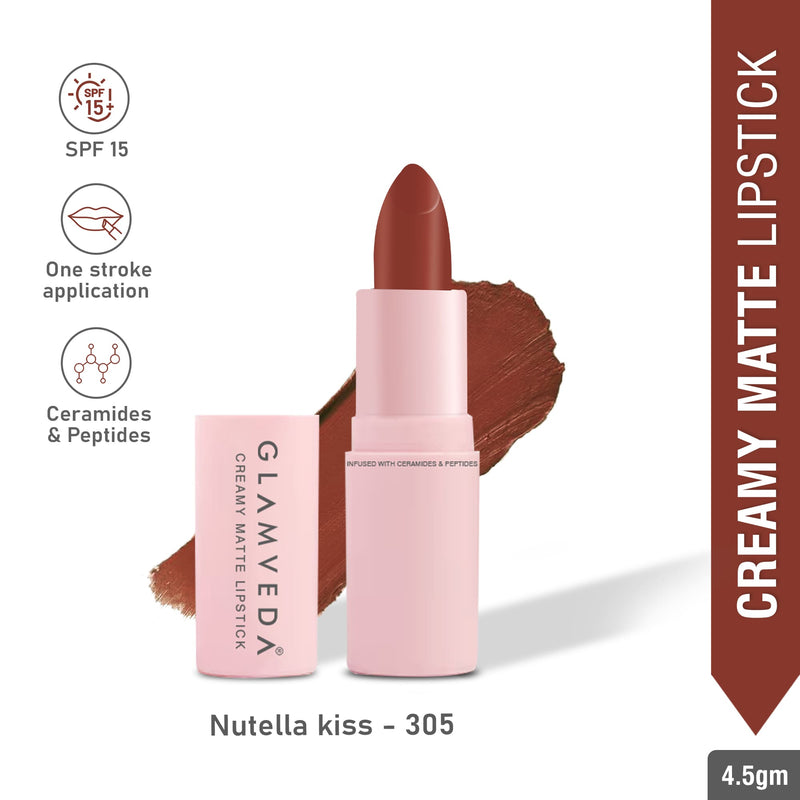 Glamveda Ultra Pigmented Creamy Matte Lipstick with Ceramides, Waterproof - Nutella Kiss - 305