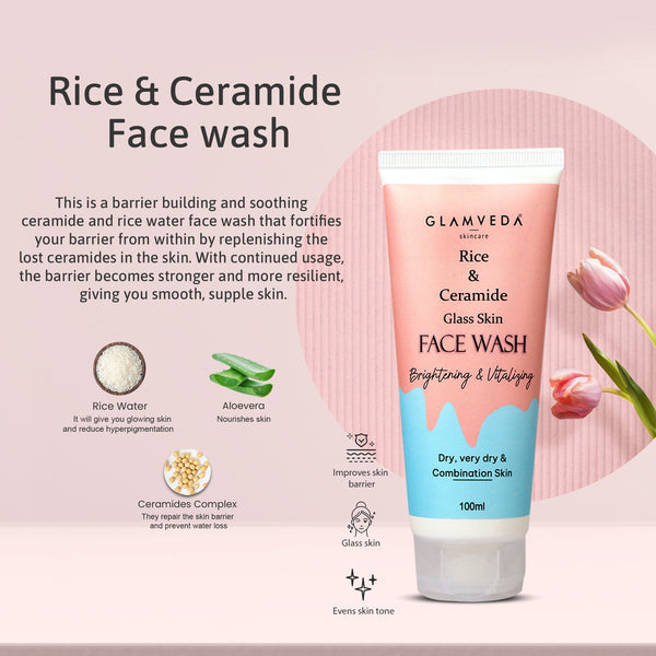 Glamveda Korean Glass Skin Rice & Ceramide 3 Step Combo | Face Wash, Serum & Moisturizer