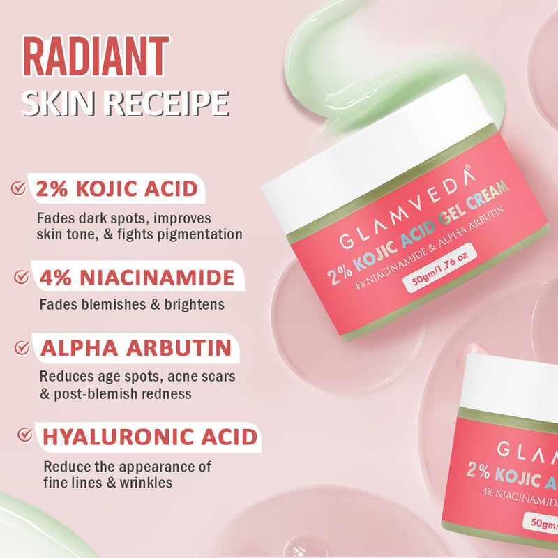 Glamveda 2% Kojic Acid Gel Cream with Niacinamide & Alpha Arbutin | For Hyperpigmentation