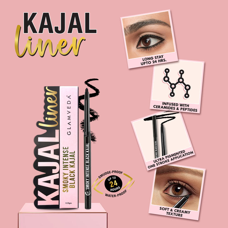 Glamveda Smudge-Proof Black Kajal & Eyeliner Combo | Intense Pigment | Waterproof & Long-Lasting | Perfect for Everyday & Party Looks