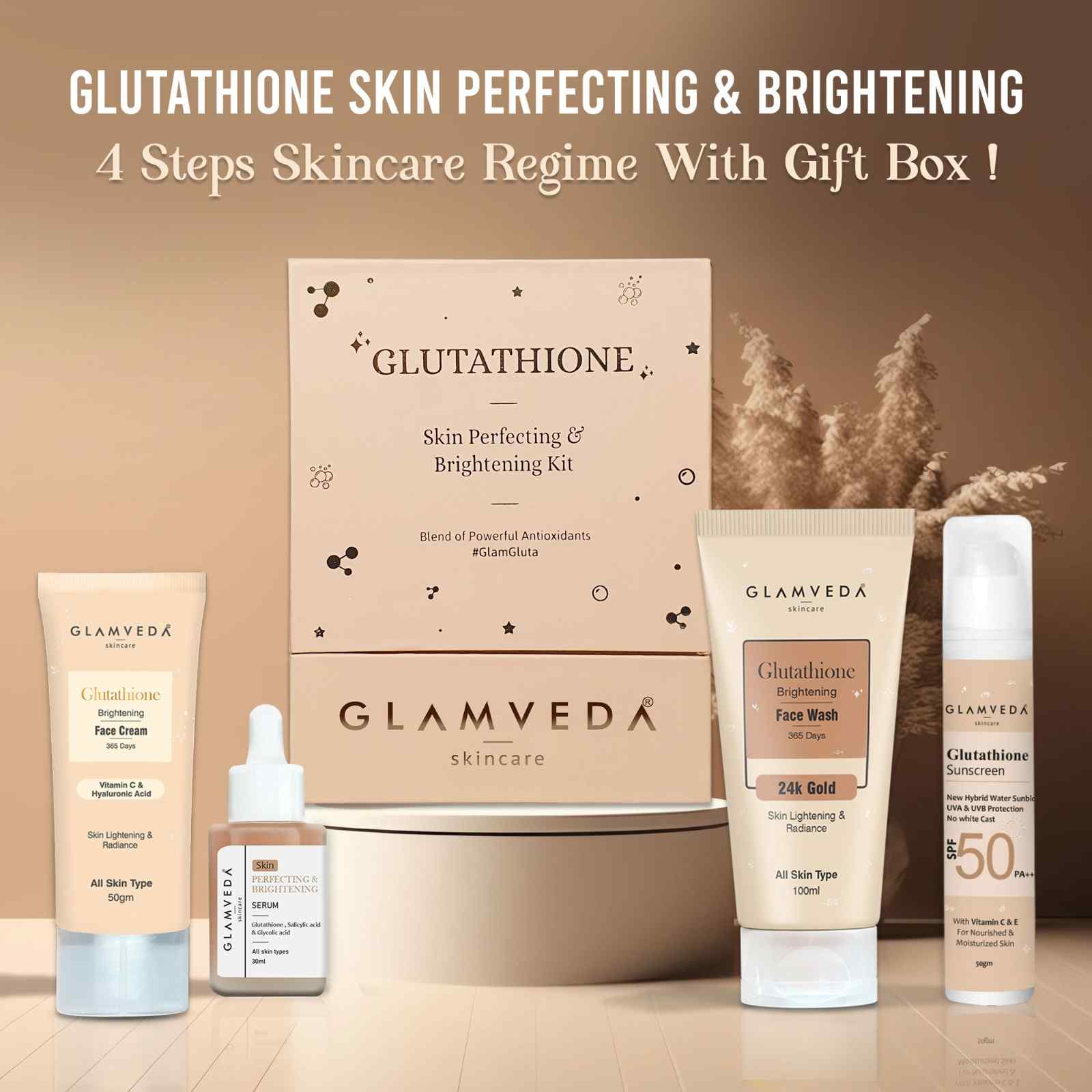 Glamveda Glutathione 4-Step Skincare Routine For Healthy & Radiant Skin | Skin Brightening and Lightening Combo ( Face Wash + Face Cream + Face Serum + Sunscreen )