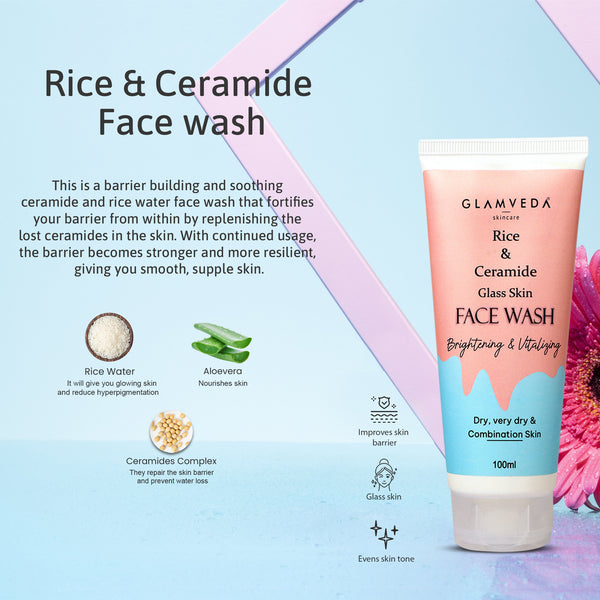 Glamveda Korean Glass Skin Rice & Ceramide 3 Step Combo | Face Wash, Toner & Moisturizer