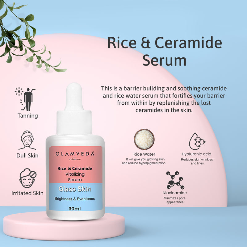 Glamveda Korean Glass Skin Rice & Ceramide Face Serum & Moisturizer Combo For Dry & Sensitive Skin Types