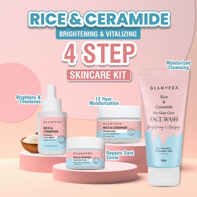 Glamveda Korean Glass Skin Rice & Ceramide 4 Step Gift Box | Face wash, Serum, Under-eye cream, Moisturizer