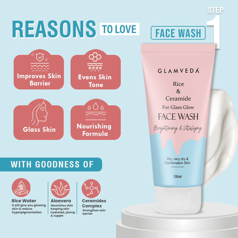 Glamveda Korean Glass Skin Rice & Ceramide 6 Step Gift Box | Face wash, Toner, Serum, Under eye cream, Moisturizer & Sunscreen