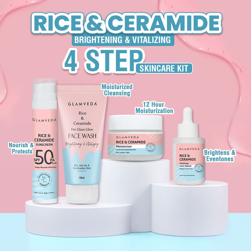Glamveda Korean Glass Skin Rice & Ceramide Morning 4 Step Gift Box | Face Wash, Serum, Moisturizer & Sunscreen