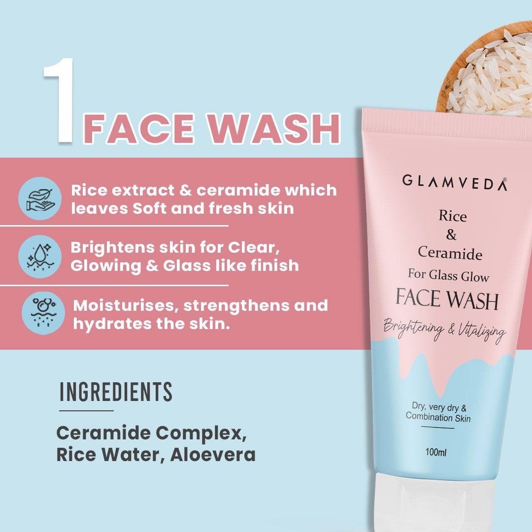 Glamveda Rice & Ceramide Combo | Skin Brightening & Anti Dullness | Improves skin barrier | Face Wash & Peel Off Mask Combo