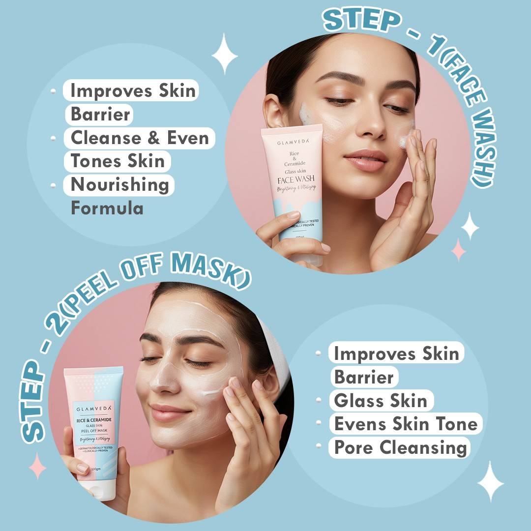 Glamveda Korean Glass Skin Rice & Ceramide 7 Step Gift Box | Face wash, Peel Off Mask, Toner, Serum, Under eye cream, Moisturizer & Sunscreen