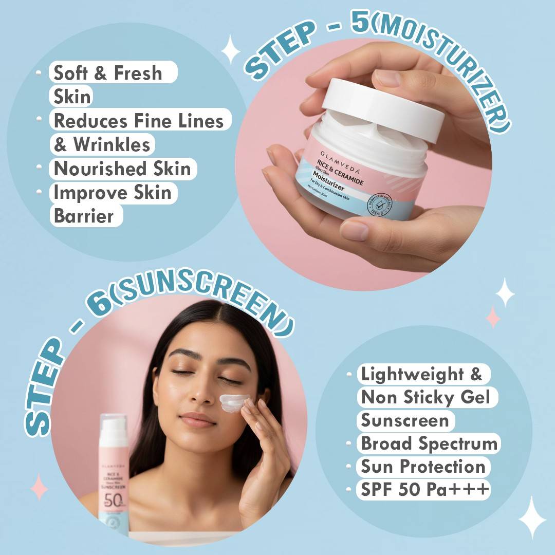 Glamveda Korean Glass Skin Rice & Ceramide 6 Step Gift Box | Face wash, Toner, Serum, Under eye cream, Moisturizer & Sunscreen