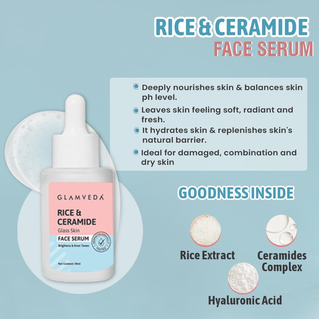 Glamveda Korean Glass Skin Rice & Ceramide Face Serum & Moisturizer Combo For Dry & Sensitive Skin Types